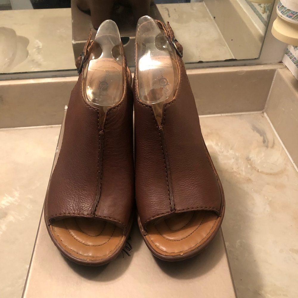 b.o.c. Brown Leather Peep-Toe Slingback Clogs